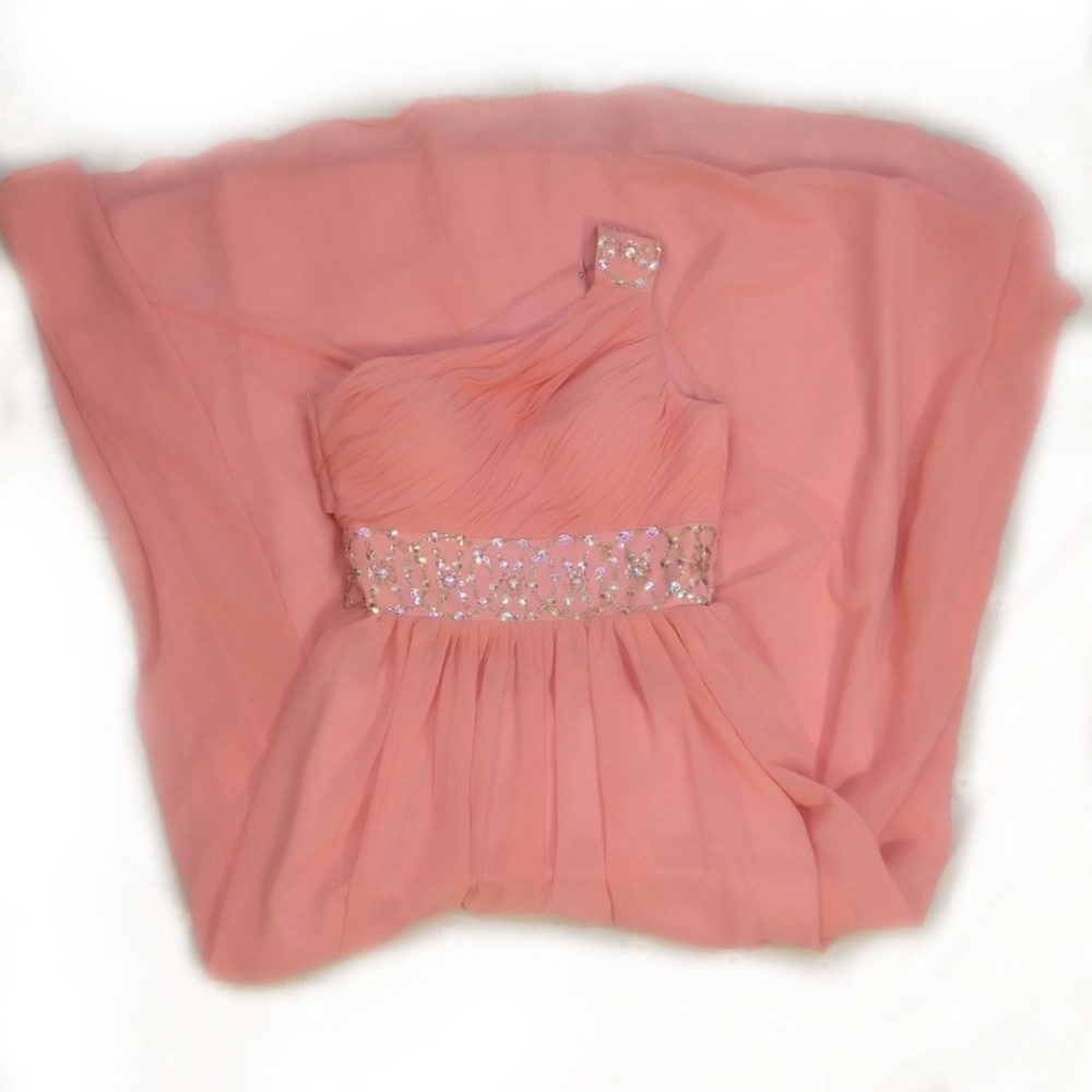 J&Y Small Pink One Shoulder Beaded Chiffon Formal Prom Gown Evening Dress